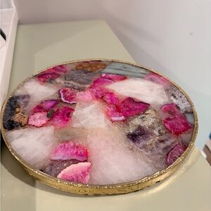 Anthropologie Pink Agate Resin Round Decorative Tray with Gold Edge